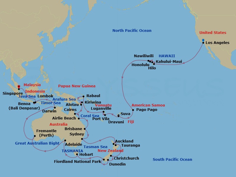 68 Night - South Pacific - Los Angeles to Singapore - Coral Princess - Starting in Los Angeles, California, Hilo, Hawaii, Kahului, Hawaii, Honolulu, Hawaii, Kauai (Nawiliwili), Hawaii, Pago Pago, American Samoa, Cross International Date Line, Suva, Fiji, Dravuni Island, Fiji, Port Vila, Vanuatu, Luganville, Vanuatu, Rabaul, Papua New Guinea, Kiriwina Island, Papua New Guinea, Alotau (Milne Bay), Papua New Guinea, Cairns, Australia, Airlie Beach, Australia, Brisbane, Australia, Sydney AU, Auckland, New Zealand, Tauranga, New Zealand, Christchurch (Lyttelton), New Zealand, Dunedin (Port Chalmers), New Zealand, Fiordland National Park (Scenic Cruising), Hobart, Australia, Adelaide, Australia, Perth (Fremantle), Australia, Kimberley Coast (Scenic Cruising), Australia, Darwin, Australia, Bali (Benoa), Indonesia, Lombok, Indonesia itinerary map