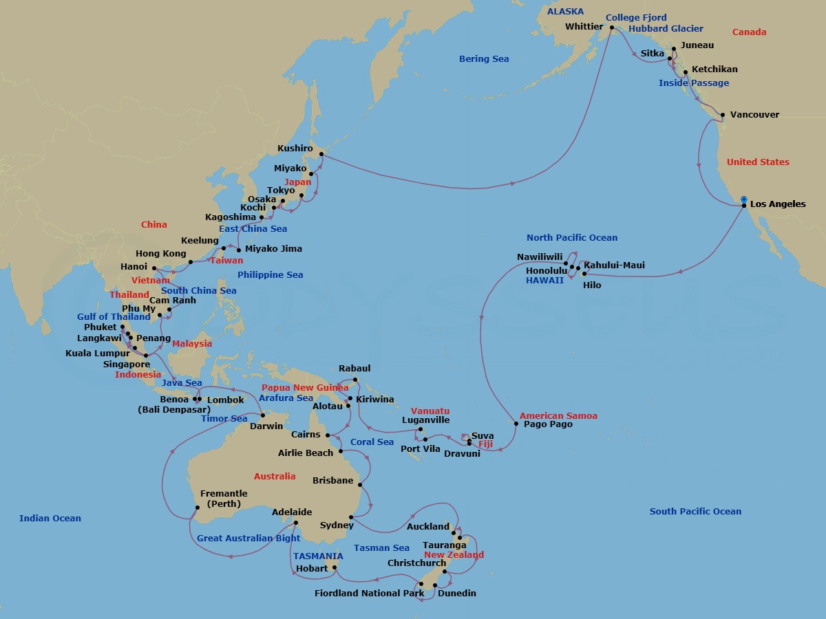114 Night - World Cruise Grand Circle Pacific - Roundtrip Los Angeles - Coral Princess - Starting in Los Angeles, California, Hilo, Hawaii, Kahului, Hawaii, Honolulu, Hawaii, Kauai (Nawiliwili), Hawaii, Pago Pago, American Samoa, Cross International Date Line, Suva, Fiji, Dravuni Island, Fiji, Port Vila, Vanuatu, Luganville, Vanuatu, Rabaul, Papua New Guinea, Kiriwina Island, Papua New Guinea, Alotau (Milne Bay), Papua New Guinea, Cairns, Australia, Airlie Beach, Australia, Brisbane, Australia, Sydney AU, Auckland, New Zealand, Tauranga, New Zealand, Christchurch (Lyttelton), New Zealand, Dunedin (Port Chalmers), New Zealand, Fiordland National Park (Scenic Cruising), Hobart, Australia, Adelaide, Australia, Perth (Fremantle), Australia, Kimberley Coast (Scenic Cruising), Australia, Darwin, Australia, Bali (Benoa), Indonesia, Lombok, Indonesia, Singapore, Phuket, Thailand, Langkawi, Malaysia, Penang, Malaysia, Kuala Lumpur (Port Kelang), Malaysia, Ho Chi Minh City (Phu My), Vietnam, Cam Ranh (Nha Trang), Vietnam, Halong Bay / Hanoi (Cai Lan), Vietnam, Hong Kong, Taipei (Keelung), Miyakojima, Japan, Kagoshima, Japan, Kochi, Japan, Osaka (for Kyoto), Japan, Tokyo, Japan, Miyako, Japan, Kushiro, Japan, Cross International Date Line, Anchorage (Whittier), Alaska, College Fjord (Scenic Cruising), Alaska, Hubbard Glacier (Scenic Cruising), Alaska, Sitka, Alaska, Juneau, Alaska, Ketchikan, Alaska, Vancouver, Canada, Los Angeles, California itinerary map