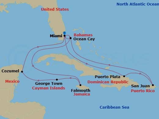 14 Night - Caribbean and Antilles - MSC Seaside - Starting in Miami, Florida, Puerto Plata, Dominican Republic, San Juan, Puerto Rico, Ocean Cay Msc Marine Reserve, Bahamas, Miami, Florida, Ocean Cay Msc Marine Reserve, Bahamas, Falmouth, Jamaica, George Town, Cayman Islands, Cozumel, Mexico, Miami, Florida itinerary map