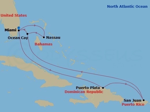 10 Night - Caribbean and Antilles - MSC Seaside - Starting in Miami, Florida, Nassau, Bahamas, Ocean Cay Msc Marine Reserve, Bahamas, Miami, Florida, Puerto Plata, Dominican Republic, San Juan, Puerto Rico, Ocean Cay Msc Marine Reserve, Bahamas, Miami, Florida itinerary map