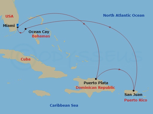 7 Night - Caribbean and Antilles - MSC Seaside - Starting in Miami, Florida, Puerto Plata, Dominican Republic, San Juan, Puerto Rico, Ocean Cay Msc Marine Reserve, Bahamas, Miami, Florida itinerary map
