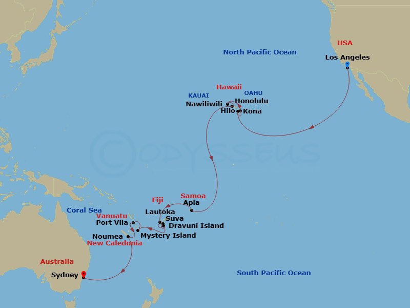 28 Night - Hawaii & South Pacific Crossing - Grand Princess - Starting in Los Angeles, California, Hilo, Hawaii, Kona, Hawaii, Kauai (Nawiliwili), Hawaii, Honolulu, Hawaii, Cross International Date Line, Apia, Western Samoa, Lautoka, Fiji, Suva, Fiji, Dravuni Island, Fiji, Mystery Island, Vanuatu, Port Vila, Vanuatu, Noumea, New Caledonia itinerary map