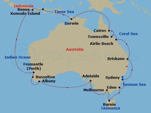 31 Night - Grand Australia Circumnavigation - Viking Orion - Starting in Sydney AU, Sail the Australian Coast, Brisbane, Sail the Australian Coast, Whitsunday Island (Airlie Beach), Townsville, Cairns, Sail the Coral Sea, Sail the Arafura Sea, Sail the Timor Sea, Darwin, Sail the Timor Sea, Komodo National Park (Rinca), Bali (Benoa), Sail the Indian Ocean, Perth (Fremantle), Busselton, Sail the Indian Ocean, Albany AU, Sail the Great Australian Bight, Adelaide, Scenic Sailing Bass Strait, Melbourne, Burnie, Sail the Gippsland Coast, Eden, Sydney AU itinerary map