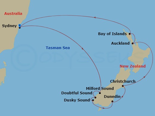 12 Night - New Zealand Holiday Cruise - Celebrity Edge - Starting in Sydney AU, Milford Sound, New Zealand, Doubtful Sound, Dusky Sound, Dunedin, New Zealand, Christchurch, New Zealand, Auckland, New Zealand, Bay of Islands, New Zealand, Sydney AU itinerary map