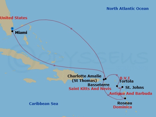 10 Night - Lesser Antilles Journey - Seven Seas Grandeur - Starting in Miami, Cruising the Atlantic Ocean, Charlotte Amalie, Roseau, St Johns, Basseterre, Tortola, Cruising the Atlantic Ocean, Miami itinerary map