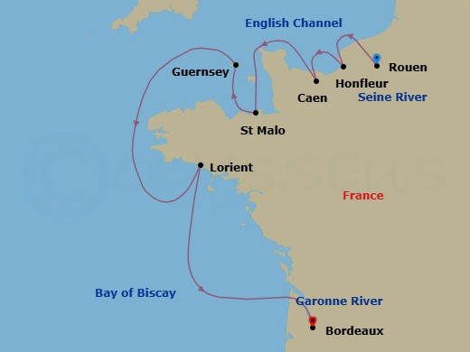 8 Night - Impressionist France - Star Explorer - Starting in Paris / Rouen, Cruising Seine River, Honfleur, Normandy Beaches / Caen, St Malo, Guernsey, Channel Islands, Lorient, Cruising Garonne River, Bordeaux itinerary map