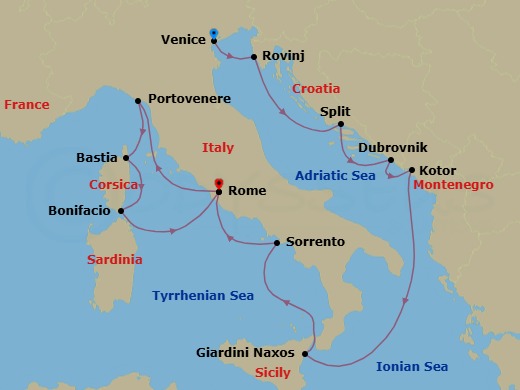 12 Night - Adriatic Shores & Italian Coasts - Star Explorer - Starting in Venice, Rovinj, Split, Dubrovnik, Croatia, Kotor, Giardini Naxos, Taormina, Sorrento, Civitavecchia, Rome, Porto Venere, Bastia, Bonifacio, Civitavecchia, Rome itinerary map