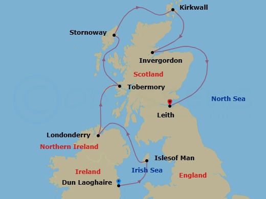 8 Night - Gaelic Explorers - Star Explorer - Starting in Dun Laoghaire, Dublin, Douglas, Isle of Man, Londonderry / Lishahally, Tobermory, Scotland, Stornoway, Kirkwall, Scotland, Invergordon, Scotland, Leith, Edinburgh, Scotland itinerary map