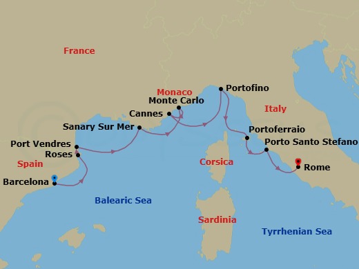 9 Night - Yachtsman's Harbors of the Rivieras - Star Explorer - Starting in Barcelona, Roses, Port Vendres, Sanary-sur-mer, Monte Carlo, Cannes, Portofino, Portoferraio, Porto Santo Stefano, Civitavecchia, Rome itinerary map
