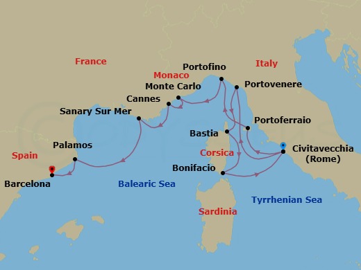11 Night - Star Collector : Rome, Corsica & the French Riviera - Star Explorer - Starting in Civitavecchia, Rome, Porto Venere, Bastia, Bonifacio, Civitavecchia, Rome, Portoferraio, Portofino, Monte Carlo, Cannes, Sanary-sur-mer, Palamos, Barcelona itinerary map