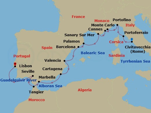 15 Night - Star Collector : Wonders of Andalusia, Provence & Tuscany - Star Explorer - Starting in Civitavecchia, Rome, Portoferraio, Portofino, Monte Carlo, Cannes, Sanary-sur-mer, Palamos, Barcelona, Valencia, Cartagena ES, Marbella / Puerto Banus, Tangier, Cruising Guadalquivir River, Seville, Lisbon itinerary map