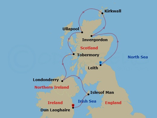 8 Night - Gaelic Explorers - Star Explorer - Starting in Leith, Edinburgh, Scotland, Invergordon, Scotland, Kirkwall, Scotland, Ullapool, Tobermory, Scotland, Londonderry / Lishahally, Douglas, Isle of Man, Dun Laoghaire, Dublin itinerary map