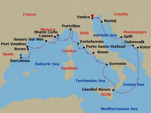 17 Night - Star Collector : Winter in Europe's Rivieras & Croatia - Star Explorer - Starting in Barcelona, Roses, Port Vendres, Sanary-sur-mer, Monte Carlo, Cannes, Portofino, Portoferraio, Porto Santo Stefano, Civitavecchia, Rome, Sorrento, Giardini Naxos, Taormina, Kotor, Dubrovnik, Croatia, Split, Rovinj, Venice itinerary map