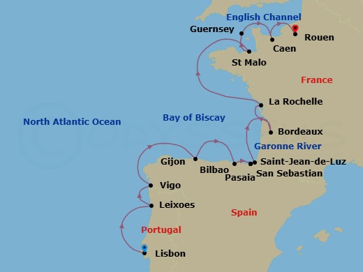 16 Night - Star Collector : the Flavors of France - Star Explorer - Starting in Lisbon, Leixoes, Porto, Vigo, Gijon, Spain, Getxo, Bilbao, Pasaia / Pasajes, Saint-jean-de-luz, Biarritz, Cruising Garonne River, Bordeaux, Cruising Garonne River, La Rochelle / La Pallice, St Malo, Guernsey, Channel Islands, Normandy Beaches / Caen, Cruising Seine River, Paris / Rouen itinerary map