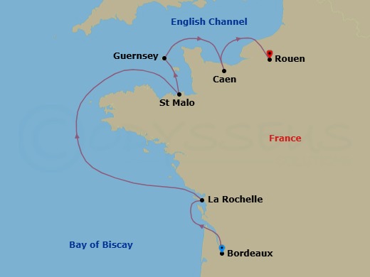 8 Night - Impressionist France - Star Explorer - Starting in Bordeaux, Cruising Garonne River, La Rochelle / La Pallice, St Malo, Guernsey, Channel Islands, Normandy Beaches / Caen, Cruising Seine River, Paris / Rouen itinerary map