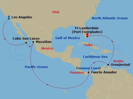 16 Night - Panama Canal - Ocean to Ocean - Star Princess - Starting in Los Angeles, California, Cabo San Lucas, Mexico, Mazatlan, Mexico, Fuerte Amador, Panama (for Panama City), Panama Canal Full Transit New Locks, Aruba, Fort Lauderdale, Florida itinerary map