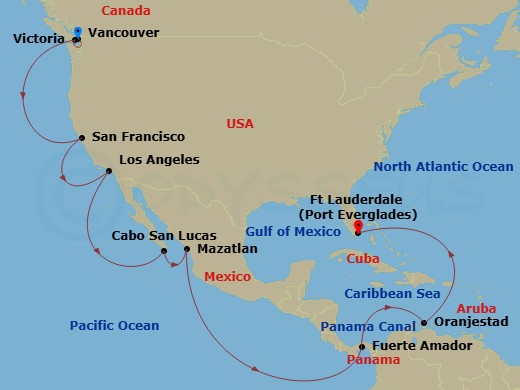 23 Night - Panama Canal & Pacific Coast - Star Princess - Starting in Vancouver, Canada, Victoria CA, San Francisco, California, Los Angeles, California, Cabo San Lucas, Mexico, Mazatlan, Mexico, Fuerte Amador, Panama (for Panama City), Panama Canal Full Transit New Locks, Aruba, Fort Lauderdale, Florida itinerary map