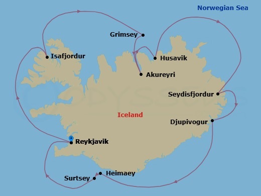 7 Night - Reykjavik Roundtrip - World Voyager - Starting in Reykjavik, Isafjordur, Crossing the Arctic Circle, Grimsey Island, Akureyri, Husavik, Seydisfjordur, Djupivogur, Heimaey (Vestmannaeyjar), Surtsey Island Scenic Navigation, Reykjavik itinerary map