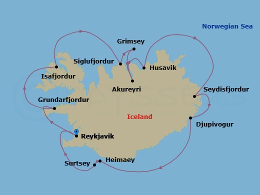 10 Night - Reykjavik Roundtrip - World Voyager - Starting in Reykjavik, Grundarfjordur, Isafjordur, Siglufjordur, Iceland, Grimsey Island, Akureyri, Husavik, Seydisfjordur, Djupivogur, Heimaey (Vestmannaeyjar), Surtsey Island Scenic Navigation, Reykjavik itinerary map