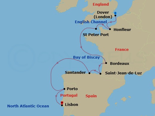 11 Night - Dover to Lisbon - World Voyager - Starting in Dover UK (London), Honfleur (Normandy), St Peter Port, Guernsey, Bordeaux, Saint-Jean-de-Luz, Santander, Porto, Lisbon itinerary map