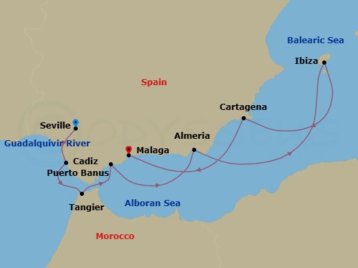 9 Night - Seville to Malaga - World Voyager - Starting in Seville, Cadiz, Tangier, Morocco, Puerto Banus (Marbella), Almeria (Granada), Ibiza, Cartagena, Malaga (Granada), Spain itinerary map