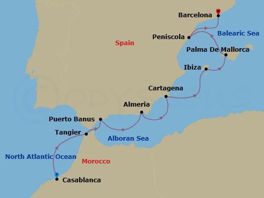 8 Night - Casablanca to Barcelona - World Voyager - Starting in Casablanca, Tangier, Morocco, Puerto Banus (Marbella), Almeria (Granada), Cartagena, Ibiza, Palma De Mallorca, Peniscola, Barcelona itinerary map