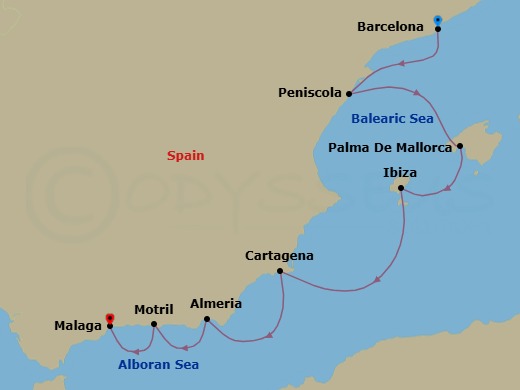 7 Night - Barcelona to Malaga - World Voyager - Starting in Barcelona, Peniscola, Palma De Mallorca, Ibiza, Cartagena, Almeria (Granada), Motril (Alhambra), Spain, Malaga (Granada), Spain itinerary map