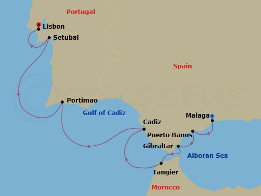 8 Night - Malaga to Lisbon - World Voyager - Starting in Malaga (Granada), Spain, Puerto Banus (Marbella), Gibraltar, Tangier, Morocco, Cadiz, Portimao, Setubal, Lisbon itinerary map