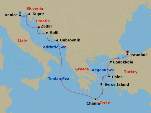 11 Night - Croatia & Greece Cruise : Split, Dubrovnik & Syros - Azamara Onward - Starting in Venice, Koper, Zadar, Split, Dubrovnik, Croatia, Chania, Crete, Syros, Chios, Canakkale (Kepez), Istanbul itinerary map