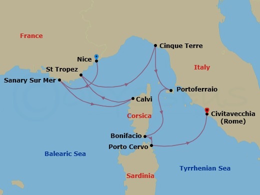 8 Night - Nice to Rome - World Traveller - Starting in Nice, Sanary-Sur-Mer (Bandol), Calvi, Saint-Tropez, Porto Venere (Cinque Terre), Portoferraio (Tuscany), Bonifacio (Corsica), Porto Cervo (Sardinia), Civitavecchia (Rome) itinerary map