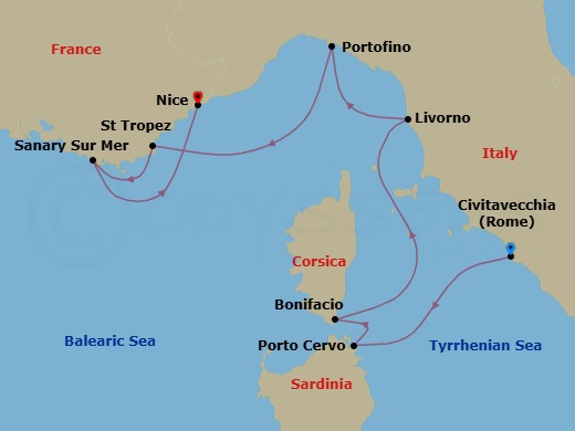 7 Night - Rome to Nice - World Traveller - Starting in Civitavecchia (Rome), Porto Cervo (Sardinia), Bonifacio (Corsica), Livorno (Florence / Pisa), Santa Margherita (Portofino), Saint-Tropez, Sanary-Sur-Mer (Bandol), Nice itinerary map