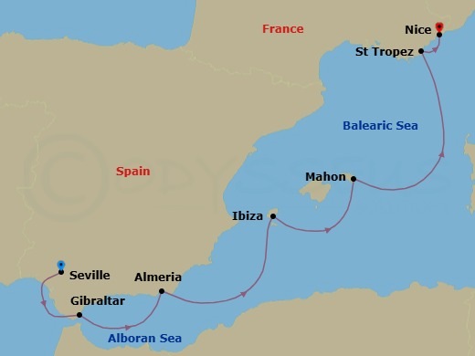 7 Night - Seville to Nice - World Traveller - Starting in Seville, Guadalquivir River Scenic Navigation, Gibraltar, Almeria (Granada), Ibiza, Mahon (Menorca), Saint-Tropez, Nice itinerary map