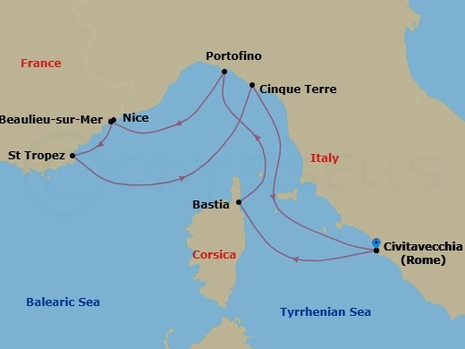 8 Night - Rome Roundtrip - World Traveller - Starting in Civitavecchia (Rome), Bastia (Corsica), Portofino, Nice, Beaulieu sur Mer, Saint-Tropez, Porto Venere (Cinque Terre), Civitavecchia (Rome) itinerary map