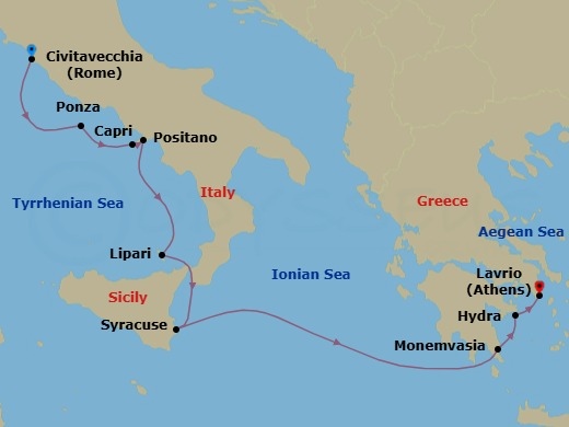 9 Night - Rome to Lavrion - World Traveller - Starting in Civitavecchia (Rome), Ponza, Capri, Positano, Lipari (Aeolian Islands), Italy, Syracuse IT (Sicily), Ionian Sea Scenic Navigation, Monemvasia, Hydra, Greece, Lavrion (Athens) itinerary map