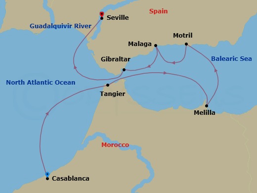7 Night - Casablanca to Seville - World Traveller - Starting in Casablanca, Tangier, Morocco, Melilla, Motril (Alhambra), Spain, Malaga (Granada), Spain, Gibraltar, Guadalquivir River Scenic Navigation, Seville itinerary map