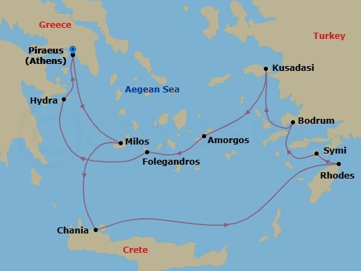 11 Night - Athens Roundtrip - World Traveller - Starting in Piraeus (Athens), Milos, Chania (Crete), Rhodes, Symi, Greece, Bodrum, Kusadasi (Ephesus), Amorgos, Greece, Folegandros, Hydra, Greece, Piraeus (Athens) itinerary map