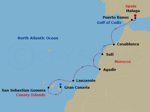 8 Night - Las Palmas to Malaga - World Traveller - Starting in Las Palmas (Gran Canaria), San Sebastian (La Gomera), Arrecife (Lanzarote), Agadir, Safi, Casablanca, Strait of Gibraltar Scenic Navigation, Puerto Banus (Marbella), Malaga (Granada), Spain itinerary map
