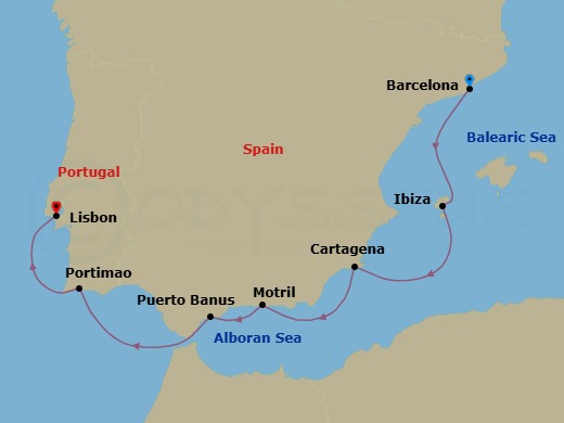 8 Night - Barcelona to Lisbon - World Traveller - Starting in Barcelona, Ibiza, Cartagena, Motril (Alhambra), Spain, Puerto Banus (Marbella), Portimao, Lisbon itinerary map