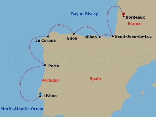 7 Night - Lisbon to Bordeaux - World Navigator - Starting in Lisbon, Porto, La Coruna, Gijon, Spain, Bilbao, Saint-Jean-de-Luz, Bordeaux itinerary map