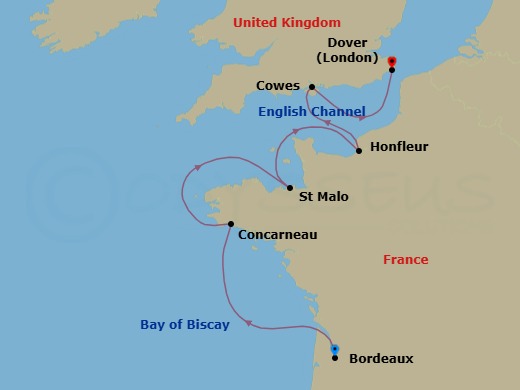 9 Night - Bordeaux to Dover - World Navigator - Starting in Bordeaux, Concarneau (Pont-Aven), St Malo, Honfleur (Normandy), Portland UK (Jurassic Coast), England, Cowes, Isle of Wight, Dover UK (London) itinerary map