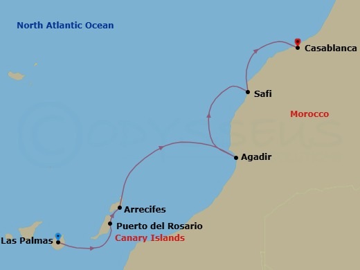 7 Night - Las Palmas to Casablanca - World Navigator - Starting in Las Palmas (Gran Canaria), Puerto del Rosario (Fuerteventura), Arrecife (Lanzarote), Agadir, Safi, Casablanca itinerary map