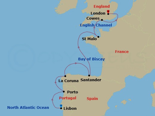 8 Night - Lisbon to London - World Navigator - Starting in Lisbon, Porto, La Coruna, Santander, St Malo, Cowes, Isle of Wight, London (Tower Bridge) itinerary map