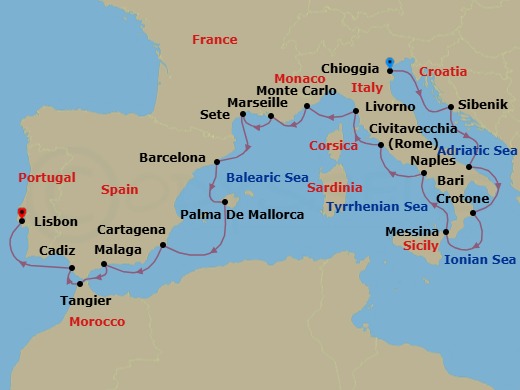 21 Night - Adriatic & Mediterranean Discovery - Viking Neptune - Starting in Venice (Chioggia), Sibenik, Bari, Crotone, Sicily (Messina), Naples, Rome (Civitavecchia), Florence / Pisa (Livorno), Monte Carlo, Marseille, Sete, Barcelona, Palma De Mallorca, Murcia (Cartagena ES, Spain), Granada (Malaga), Tangier, Seville (Cadiz), Lisbon itinerary map
