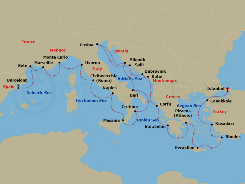 28 Night - Mediterranean's Iconic Shores - Viking Neptune - Starting in Barcelona, Sete, Marseille, Monte Carlo, Florence / Pisa (Livorno), Rome (Civitavecchia), Naples, Sicily (Messina), Crotone, Bari, Sibenik, Venice (Fusina), Split, Dubrovnik, Croatia, Kotor, Corfu (Kerkyra), Katakolon (Olympia), Athens (Piraeus), Crete (Heraklion), Rhodes, Ephesus (Kusadasi), Troy (Canakkale), Istanbul itinerary map