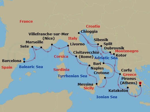 21 Night - Mediterranean & Adriatic Sojourn - Viking Neptune - Starting in Barcelona, Sete, Marseille, Villefranche-Sur-Mer, Florence / Pisa (Livorno), Rome (Civitavecchia), Naples, Sicily (Messina), Crotone, Bari, Sibenik, Venice (Chioggia), Split, Dubrovnik, Croatia, Kotor, Corfu (Kerkyra), Katakolon (Olympia), Athens (Piraeus) itinerary map