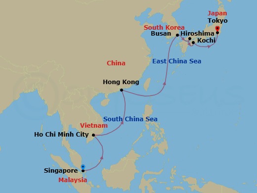 16 Night - Singapore to Tokyo - Silver Moon - Starting in Singapore, Ho Chi Minh City, Hong Kong, Busan, Hiroshima, Kochi, Tokyo itinerary map