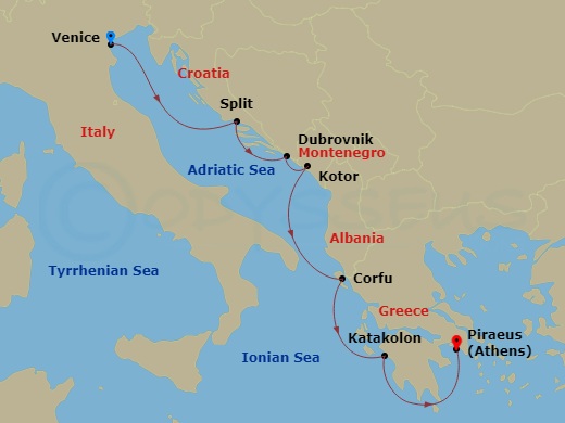 7 Night - Venice, the Adriatic & Greece - Viking Jupiter - Starting in Venice (Chioggia), Split, Dubrovnik, Croatia, Kotor, Corfu (Kerkyra), Katakolon (Olympia), Athens (Piraeus) itinerary map