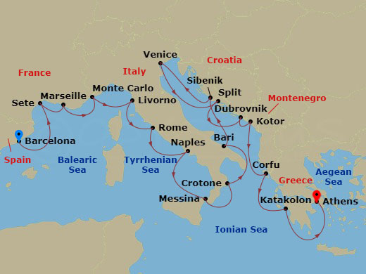 21 Night - Mediterranean & Adriatic Sojourn - Viking Jupiter - Starting in Barcelona, Sete, Marseille, Monte Carlo, Florence / Pisa (Livorno), Rome (Civitavecchia), Naples, Sicily (Messina), Crotone, Bari, Sibenik, Venice (Chioggia), Split, Dubrovnik, Croatia, Kotor, Corfu (Kerkyra), Katakolon (Olympia), Athens (Piraeus) itinerary map
