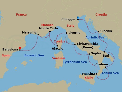 14 Night - Mediterranean & Italian Sojourn - Viking Jupiter - Starting in Venice (Chioggia), Sibenik, Bari, Crotone, Sicily (Messina), Naples, Rome (Civitavecchia), Florence / Pisa (Livorno), Corsica (Ajaccio), Monte Carlo, Marseille, Barcelona itinerary map
