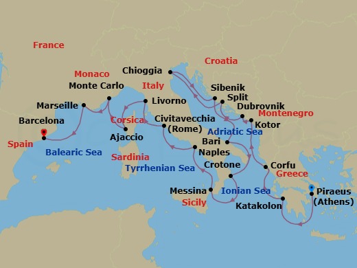 21 Night - Mediterranean & Adriatic Sojourn - Viking Jupiter - Starting in Athens (Piraeus), Katakolon (Olympia), Corfu (Kerkyra), Kotor, Dubrovnik, Croatia, Split, Venice (Chioggia), Sibenik, Bari, Crotone, Sicily (Messina), Naples, Rome (Civitavecchia), Florence / Pisa (Livorno), Corsica (Ajaccio), Monte Carlo, Marseille, Barcelona itinerary map